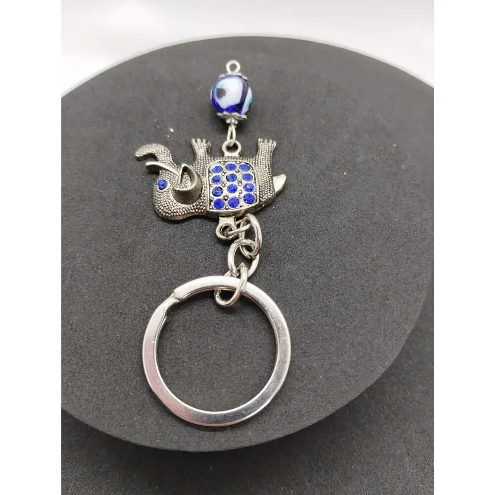 Small Elephant Keychain - Silver Tone - Blue Glass Stones